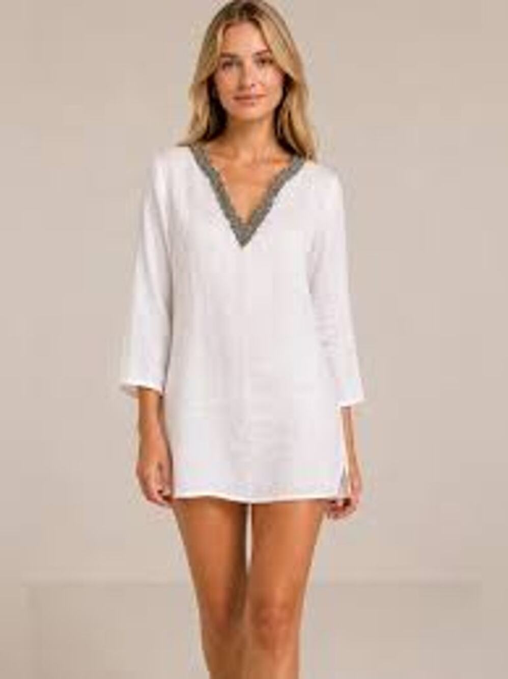 Cynthia Rowley 100% Linen White Rhinestone Tunic Top Coverup Size Small